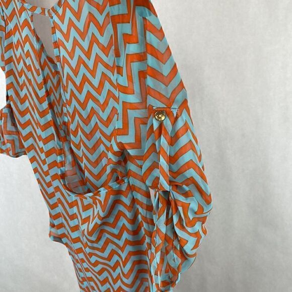 Yahada Sheer Blouse Top Shirt Size Small Turquoise Orange Chevron 3/4 Sleeve - Picture 8 of 13